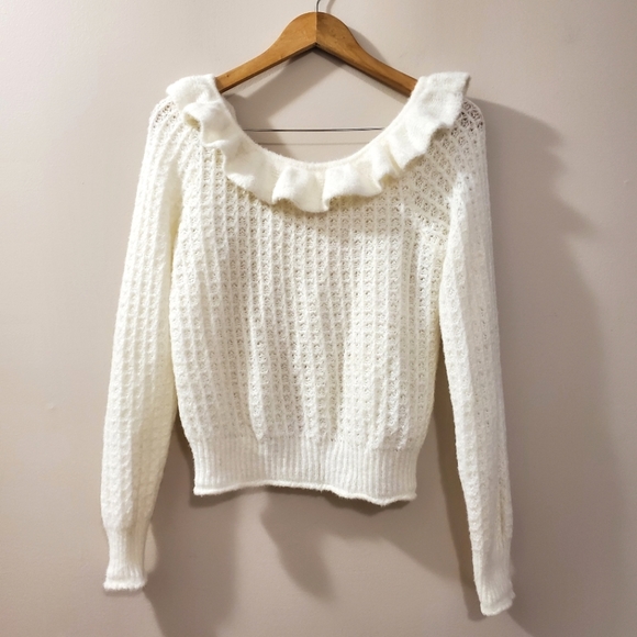 Anthropologie - White Ruffle Boat Neck Knit Sweater- Size M - Picture 5 of 9
